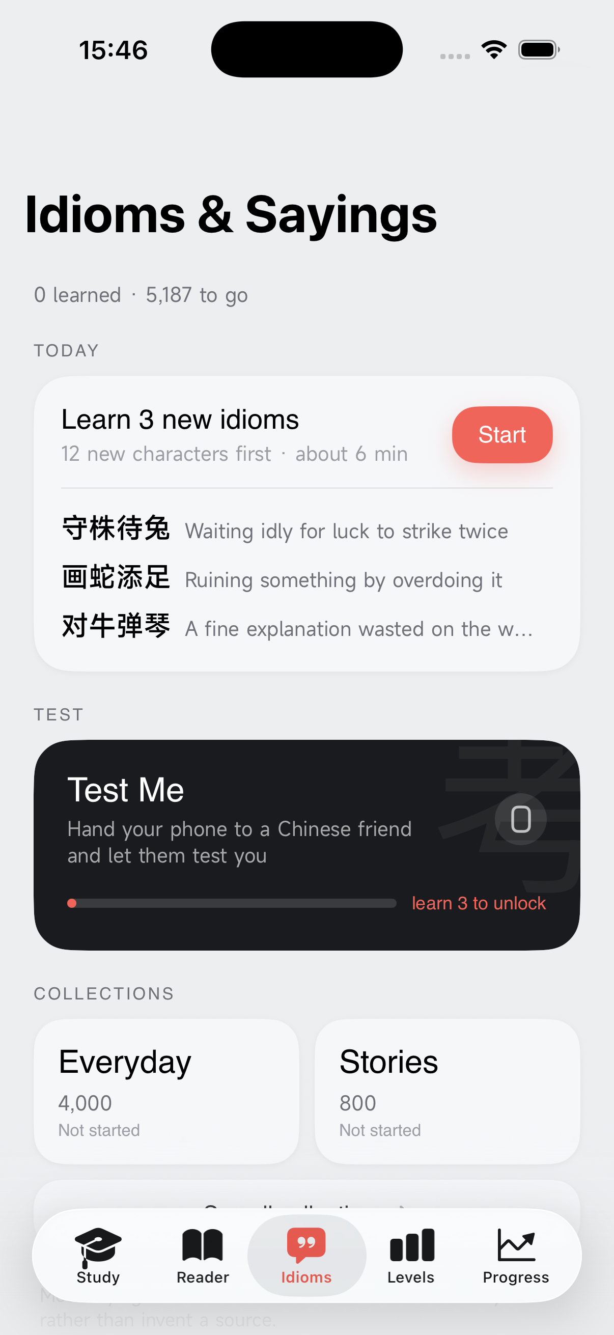 MidMando’s 成语 idioms hub: a list of four-character Chinese idioms with English glosses, alongside a dark ‘Test Me’ card for drilling them after they’ve been taught.